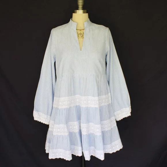 Sail to sable charlotte dress blue stripe Seersucker crochet lace tiered tunic - Picture 4 of 10